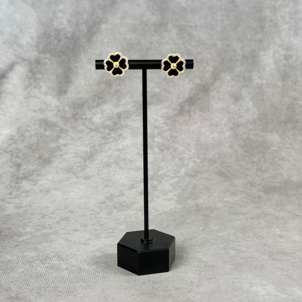 Freida Rothman Black Onyx Clover CZ Stud Earrings Sterling Silver Gold Tone
